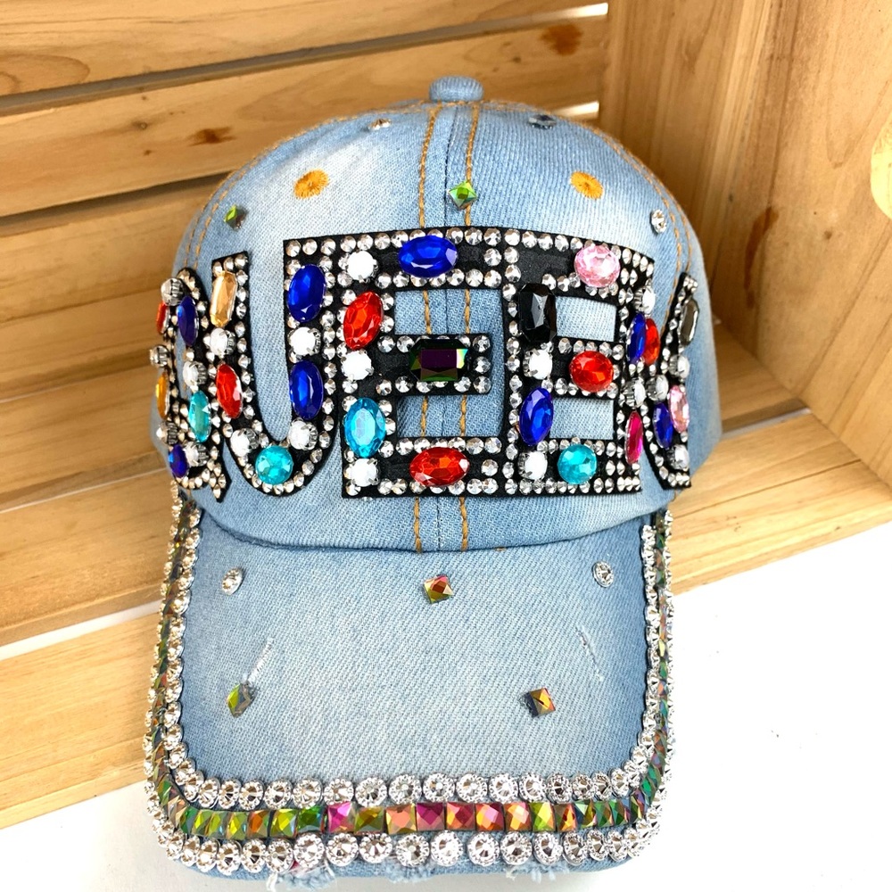 Women Blue Denim Adjustable Cap Hat with Stones
